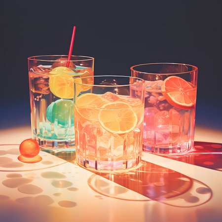 Cocktails in glasses with ice and orange on a blue backgroundの素材