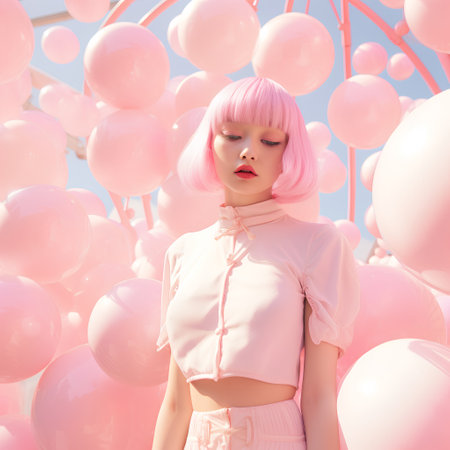Fashionable girl with pink hair in a pink wig on the background of pink balloonsの素材