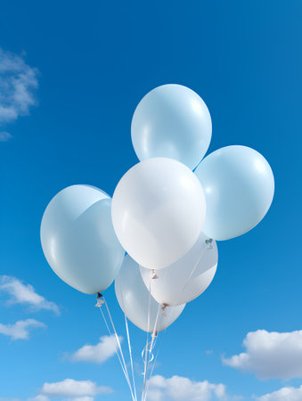 Blue and white balloons on blue sky background. 3D Renderingの素材