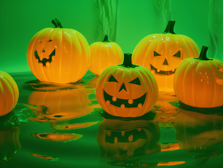 Halloween pumpkins on green background. 3d render illustration.の素材