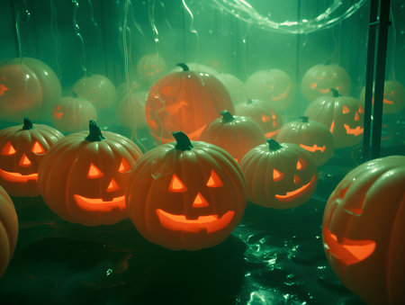 Halloween pumpkins in a dark room. 3D illustration.の素材