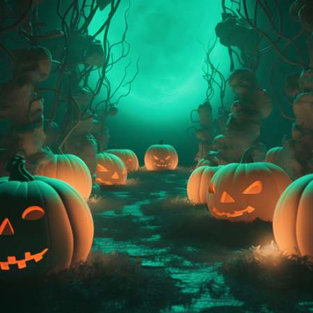 Halloween background with pumpkins in the dark forest. 3D renderingの素材