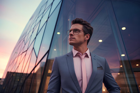 Confident businessman in eyeglasses looking away while standing near office buildingの素材