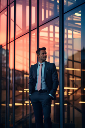 Portrait of a confident businessman standing in front of a modern office building.の素材