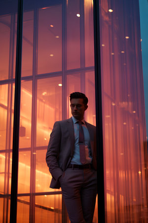 Portrait of a handsome young man in a business suit on the background of a glass wall.の素材