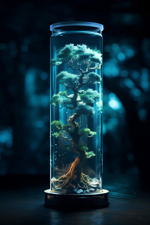 Bonsai tree in a glass vase. 3D renderingの素材