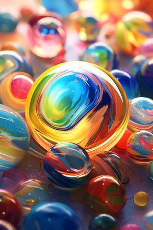 abstract 3d illustration of multicolored marbles on water surfaceの素材