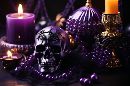Halloween still life with human skull, candles and candlesticksの素材