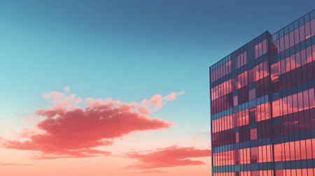 Modern office building on sunset sky background. 3D render illustration.の素材