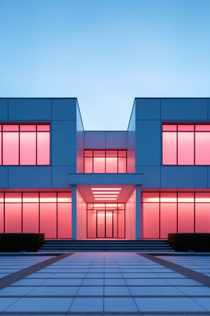 3D render of a modern office building with red and blue facadeの素材