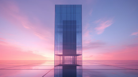 Abstract modern architecture background. 3d render of skyscraper over sunset skyの素材