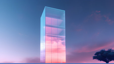 3d render of modern glass skyscraper on sunset sky background.の素材