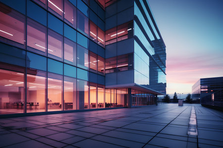 Modern office building with glass facade at sunset. 3d render.の素材