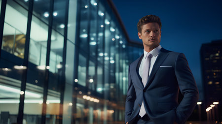 Portrait of a handsome businessman in the city at night. Business concept.の素材