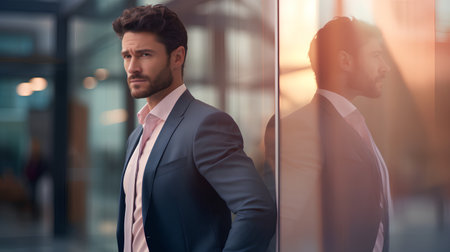Portrait of a handsome young man in a suit standing in an office.の素材