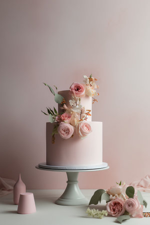 Cake with roses and eucalyptus on pink backgroundの素材