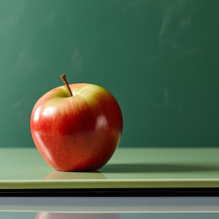 Red apple on green chalkboard background. 3d render illustration.の素材