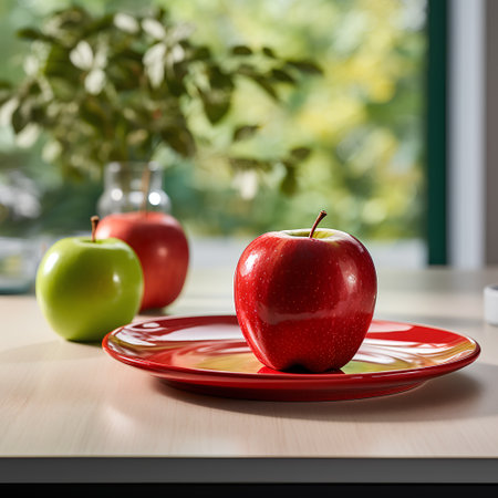Red apple on red plate on wooden table in kitchen with green apples in backgroundの素材
