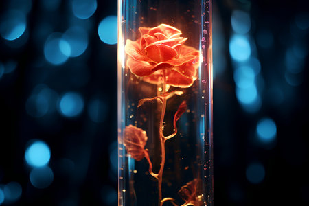 Red rose in test tube on blue bokeh background. 3d renderingの素材