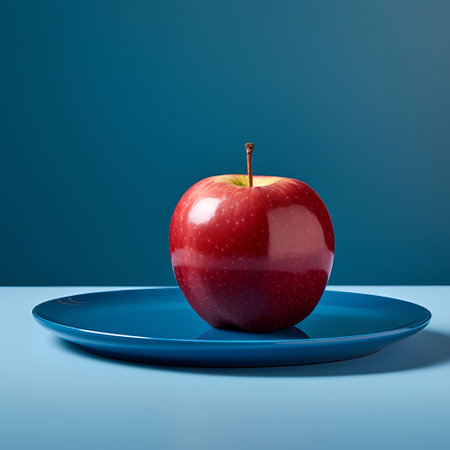 Red apple on blue plate with blue background. 3D illustration.の素材