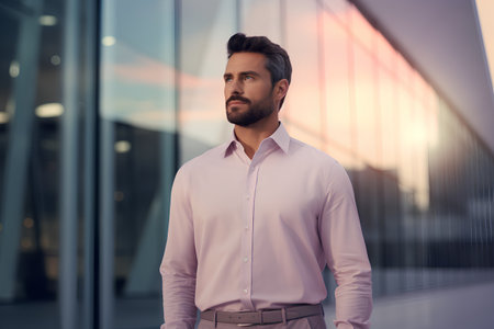 business, people, gesture and office concept - serious businessman over office building backgroundの素材