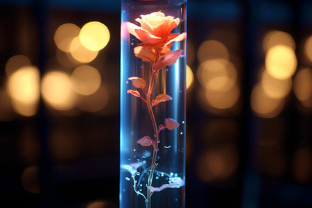 Rose flower in the test tube. 3D illustration. Bokeh background.の素材