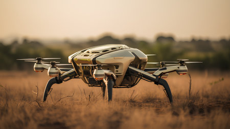 3D rendering of a quadcopter drone in the field.の素材