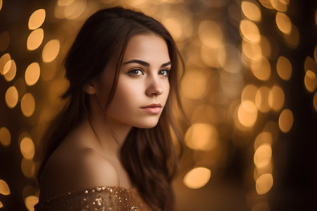 Portrait of a beautiful young woman in a golden dress on a bokeh backgroundの素材