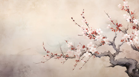 Branch of cherry blossoms on a grunge textured background.の素材