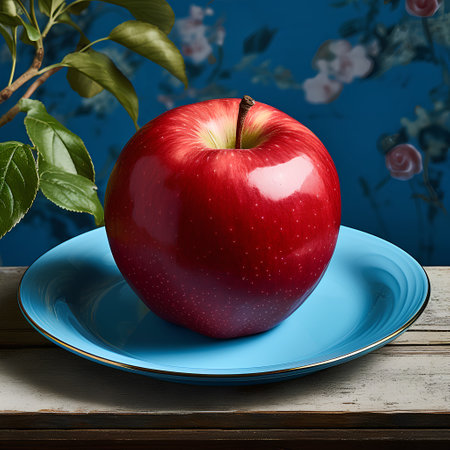 Red apple on a blue plate on a wooden table against a floral backgroundの素材