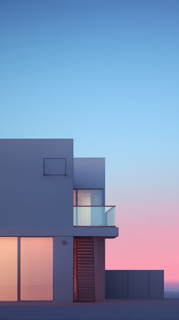 Modern house exterior at sunset. 3D render. Realistic illustration.の素材