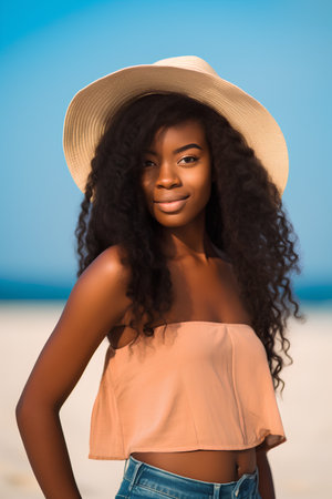 Beautiful african american woman in hat on the beach.の素材
