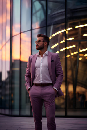 Portrait of a handsome young man in a business suit and glasses on the background of an office buildingの素材