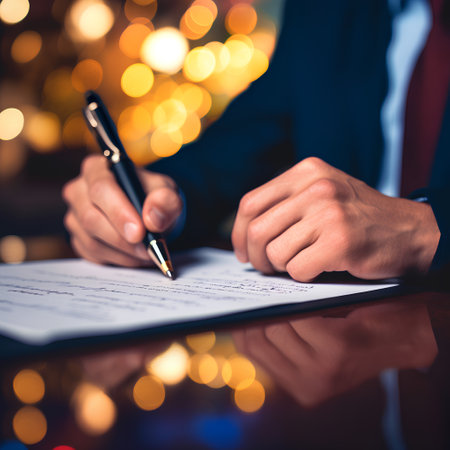 close up of businessman signing contract on christmas lights bokeh backgroundの素材