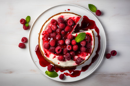 Cheesecake with raspberries and sour cream on a white plate, top viewの素材