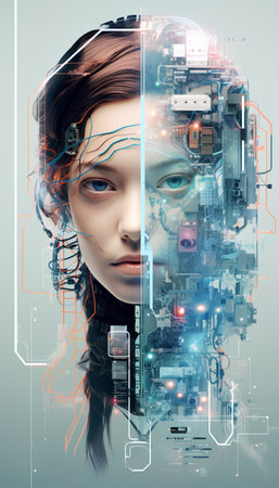 3d rendering of a female face with a circuit board in the backgroundの素材