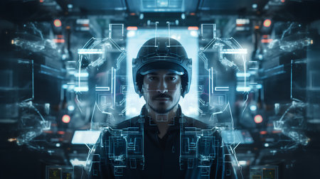 Portrait of a man wearing a safety helmet against the background of a high-tech cityの素材
