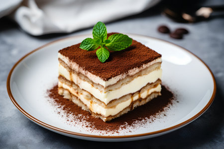 Classic tiramisu dessert with cocoa powder and mint on a plateの素材
