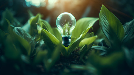 Light bulb glowing in the green grass. Energy and idea concept.の素材