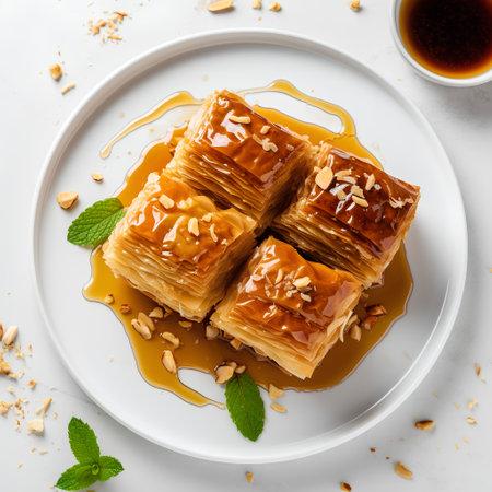 Traditional turkish dessert baklava with cashew, walnuts on white backgroundの素材