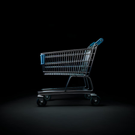 Shopping cart on dark background. 3D rendering. Front view.の素材