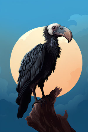 Vector illustration of a vulture sitting on a tree branch against the background of the moonの素材