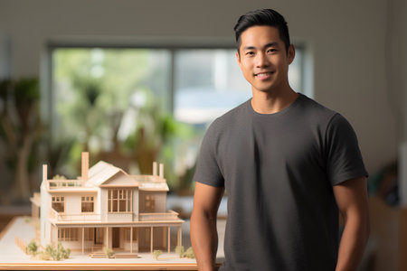 smiling asian man with house model in the living room at homeの素材