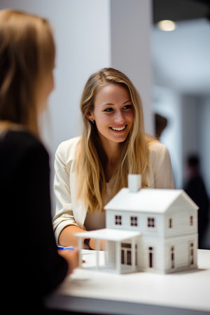 business, technology, real estate and people concept - smiling businesswoman with model of house at officeの素材