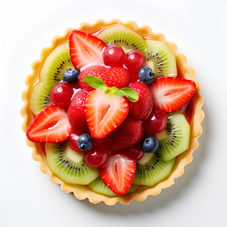 Tart with fresh fruits and berries on white background, top viewの素材