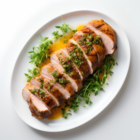 Roast duck breast with sauce and herbs on a white background.の素材