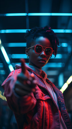 stylish african american girl in red jacket and sunglasses showing thumbs upの素材