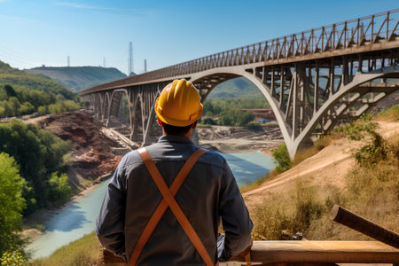 Engineer in yellow helmet and orange vest standing on the edge of the bridge and looking at the riverの素材