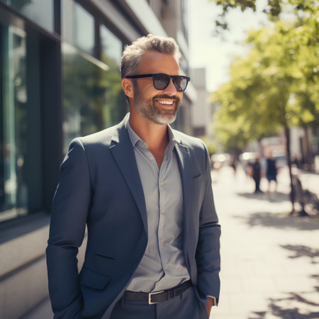 business, technology and people concept - smiling businessman in sunglasses walking in cityの素材
