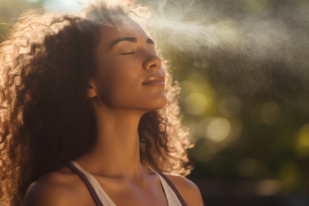 Beautiful african american woman with curly hair blowing in the windの素材
